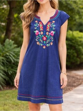 Lucky Brand Embroidered Linen Blend Boho Dress Blue Floral Size S